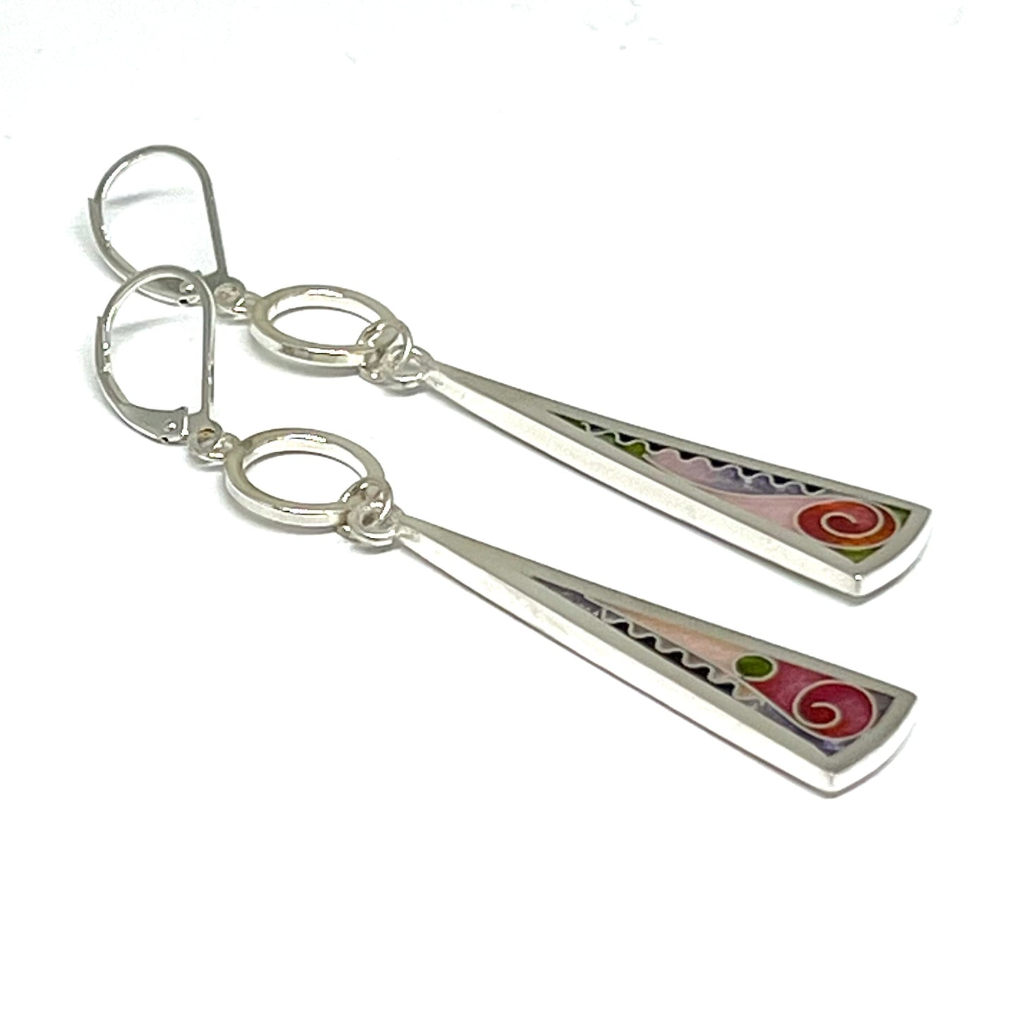 Cloisonné Long Triangle Earrings with Silver Washers (Cherry Blossom)