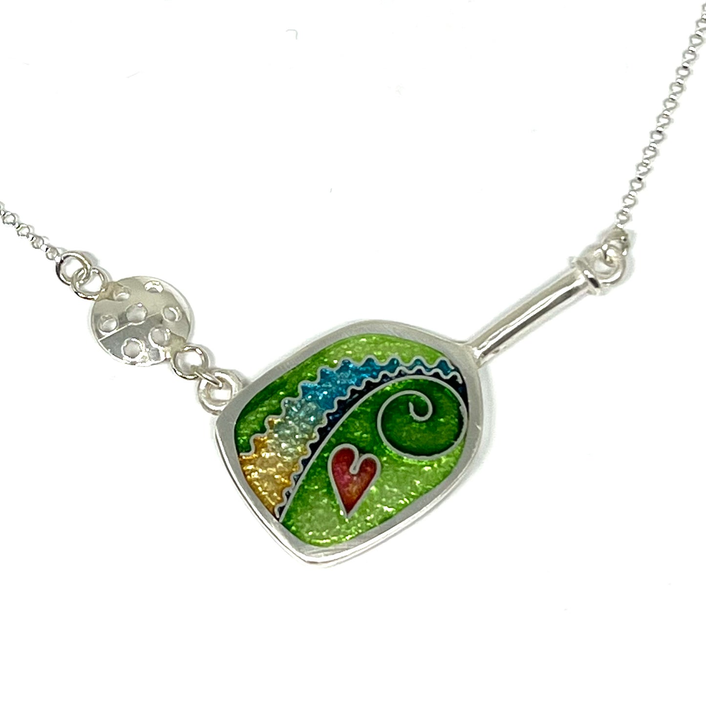 Cloisonné Enameled Pickleball Paddle & Ball Necklace-Meadow Color Palette