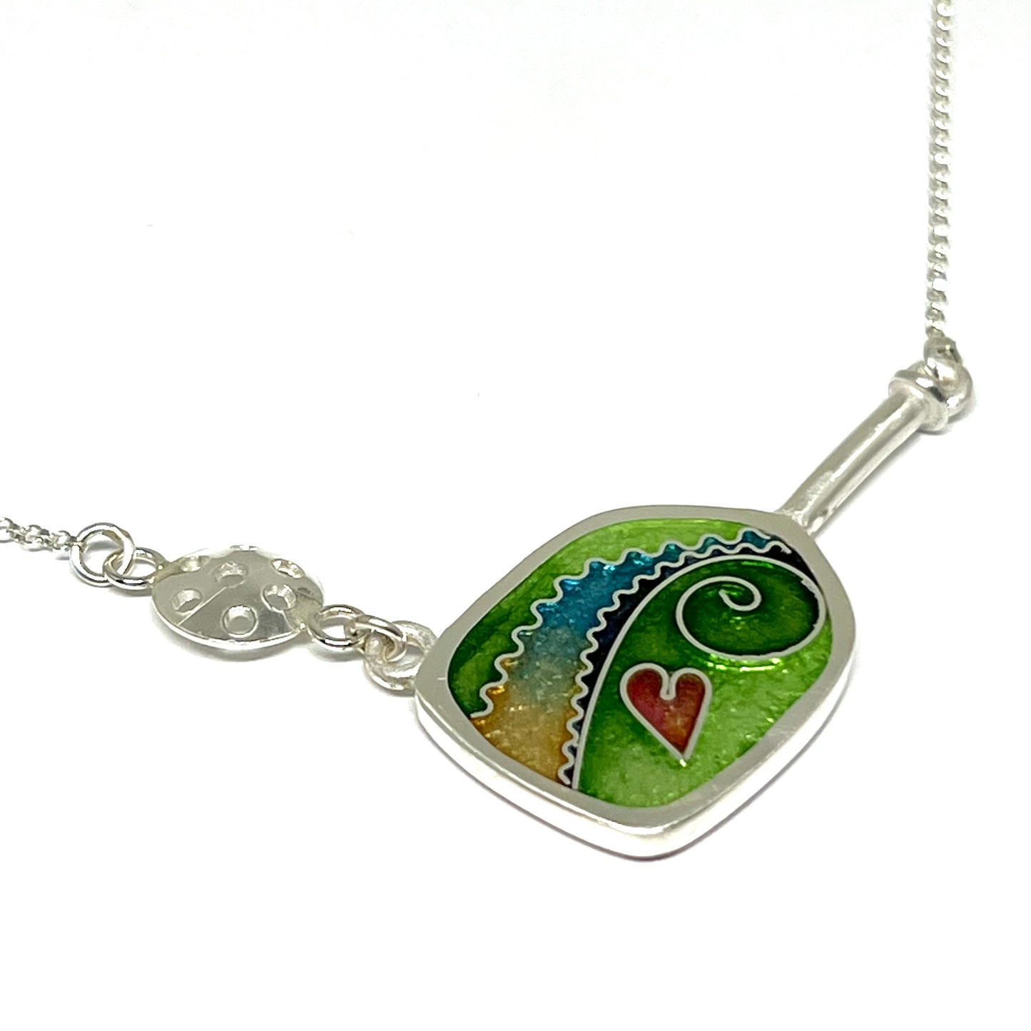 Cloisonné Enameled Pickleball Paddle & Ball Necklace-Meadow Color Palette